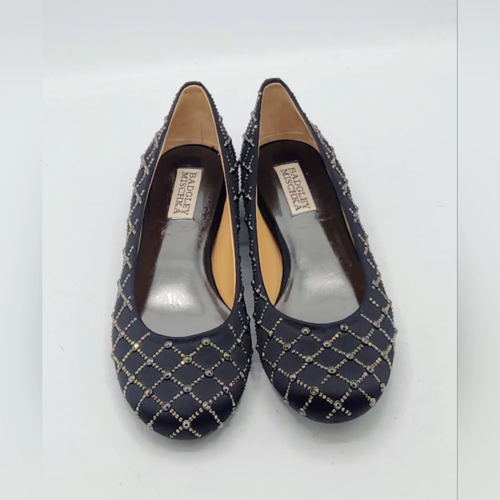 Badgley Mischka Norell Quilted Crystal Satin Flats In Black Size 7.5